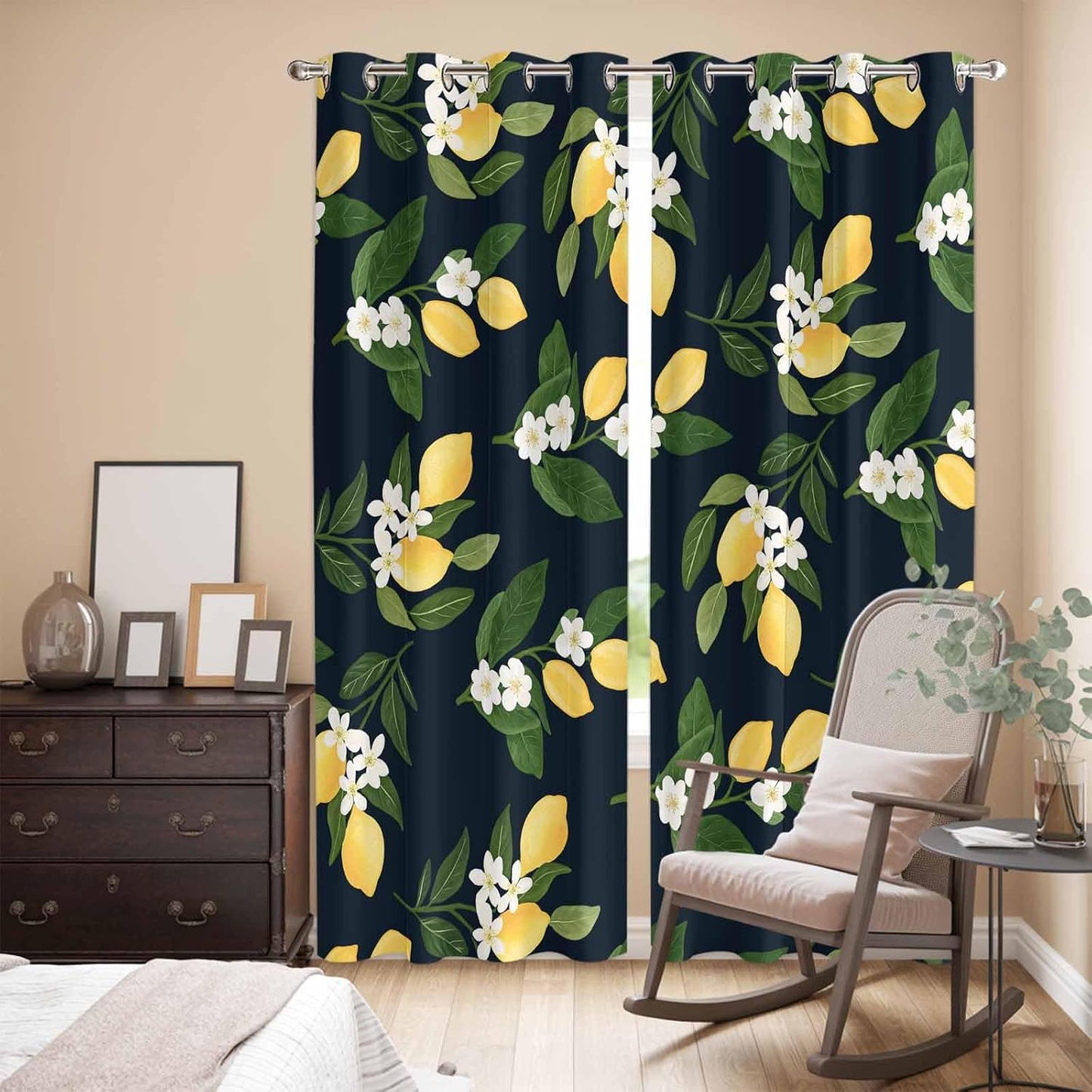 Lemons Yellow Summer Lemon Black Curtains for Bedroom and Living Room, Window Curtains Light Filtering Semi Sheer Window Drapes with Grommet (2 Panels, Each 52" W x 96" L)