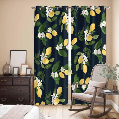Lemons Yellow Summer Lemon Black Curtains for Bedroom and Living Room, Window Curtains Light Filtering Semi Sheer Window Drapes with Grommet (2 Panels, Each 52" W x 96" L)