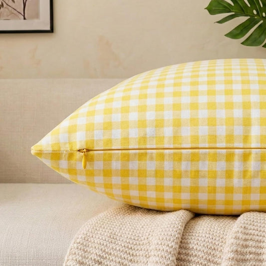 CARRIE HOME Yellow Gingham Checkered Throw Pillow Covers 18x18 Set of 2, Neutral Modern Farmhouse Yellow Outdoor Pillows 18 x 18 for Porch Patio Furniture (No Pillow Inserts)