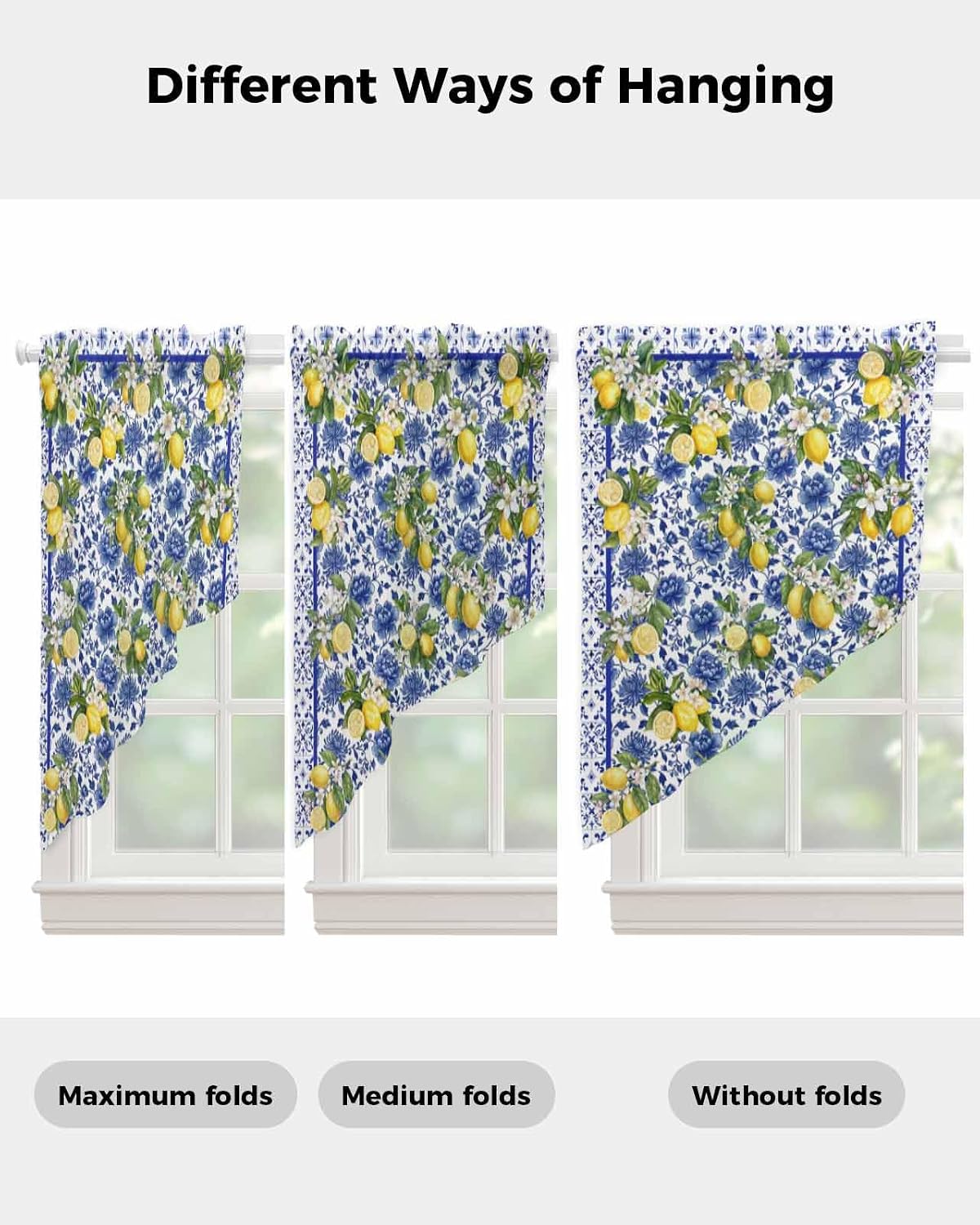 Summer Lemons Swag Curtains 36 Inch Length 2 Panels Set, Watercolor Yellow Fruits Blue Flowers Semi-Sheer Curtain Drapes Rod Pocket Valance For Kitchen,Living Room,Bedroom,Bathroom,Cafe 56"Wx36"L
