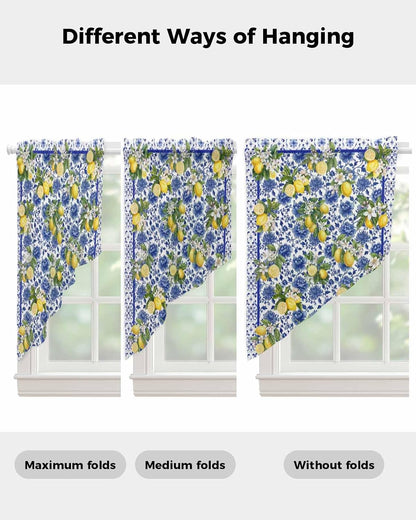 Summer Lemons Swag Curtains 36 Inch Length 2 Panels Set, Watercolor Yellow Fruits Blue Flowers Semi-Sheer Curtain Drapes Rod Pocket Valance For Kitchen,Living Room,Bedroom,Bathroom,Cafe 56"Wx36"L