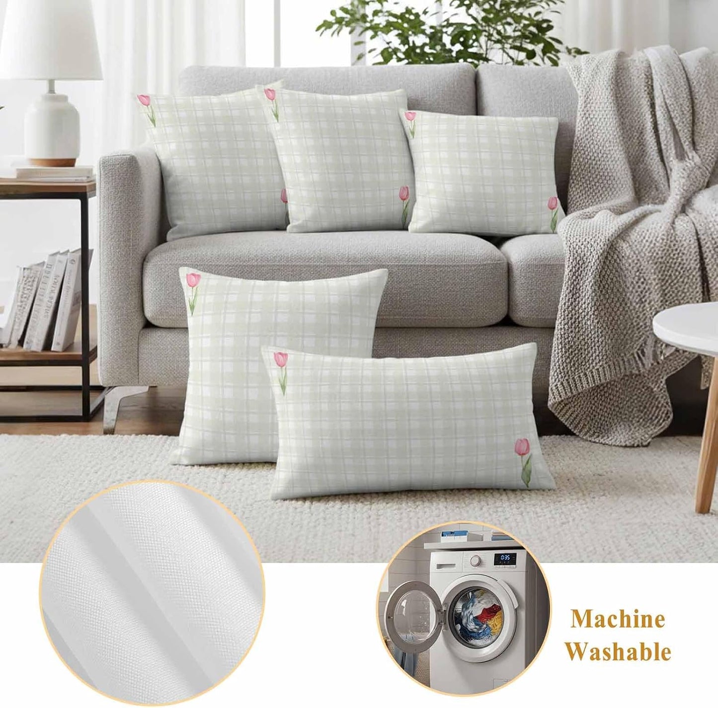 Waterproof Throw Pillow Covers 18x18 Set of 2, Light Yellow Lattice Spring Tulip Flower Outdoor Pillowcases Invisible Zipper, Minimalist Check Decorative Cushion Covers for Patio Garden Sofa Couch