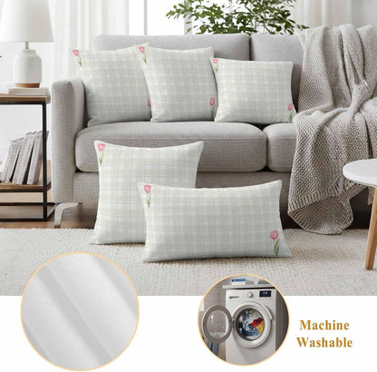 Waterproof Throw Pillow Covers 18x18 Set of 2, Light Yellow Lattice Spring Tulip Flower Outdoor Pillowcases Invisible Zipper, Minimalist Check Decorative Cushion Covers for Patio Garden Sofa Couch