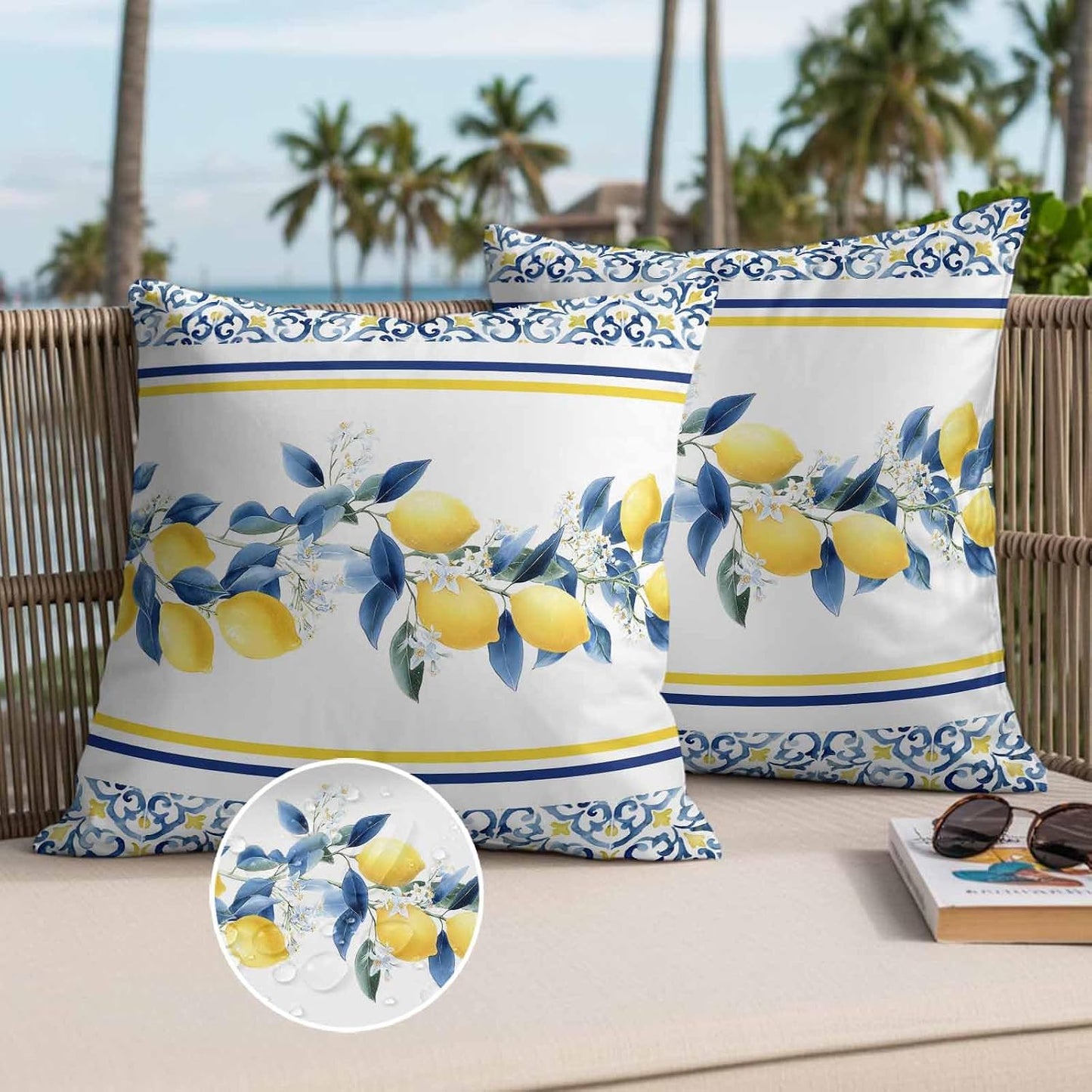 Summer Lemon Outdoor Pillow Covers Pack of 2 Lemon Flower Mediterranean Waterproof Garden Farmhouse Cushion Cases Decorative for Patio Furniture Balcony Couch Sofa 20 x 20 Inch