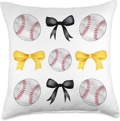 Baseballs Black & Yellow Bows Tee Ball Mom School Pride Gift Throw Pillow