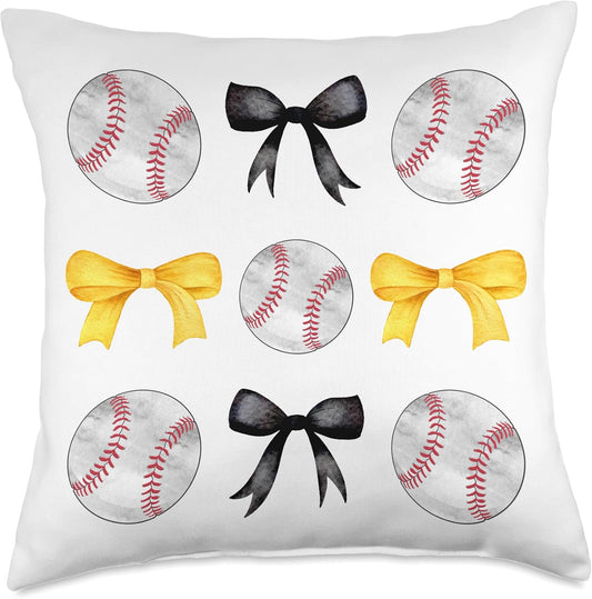 Baseballs Black & Yellow Bows Tee Ball Mom School Pride Gift Throw Pillow