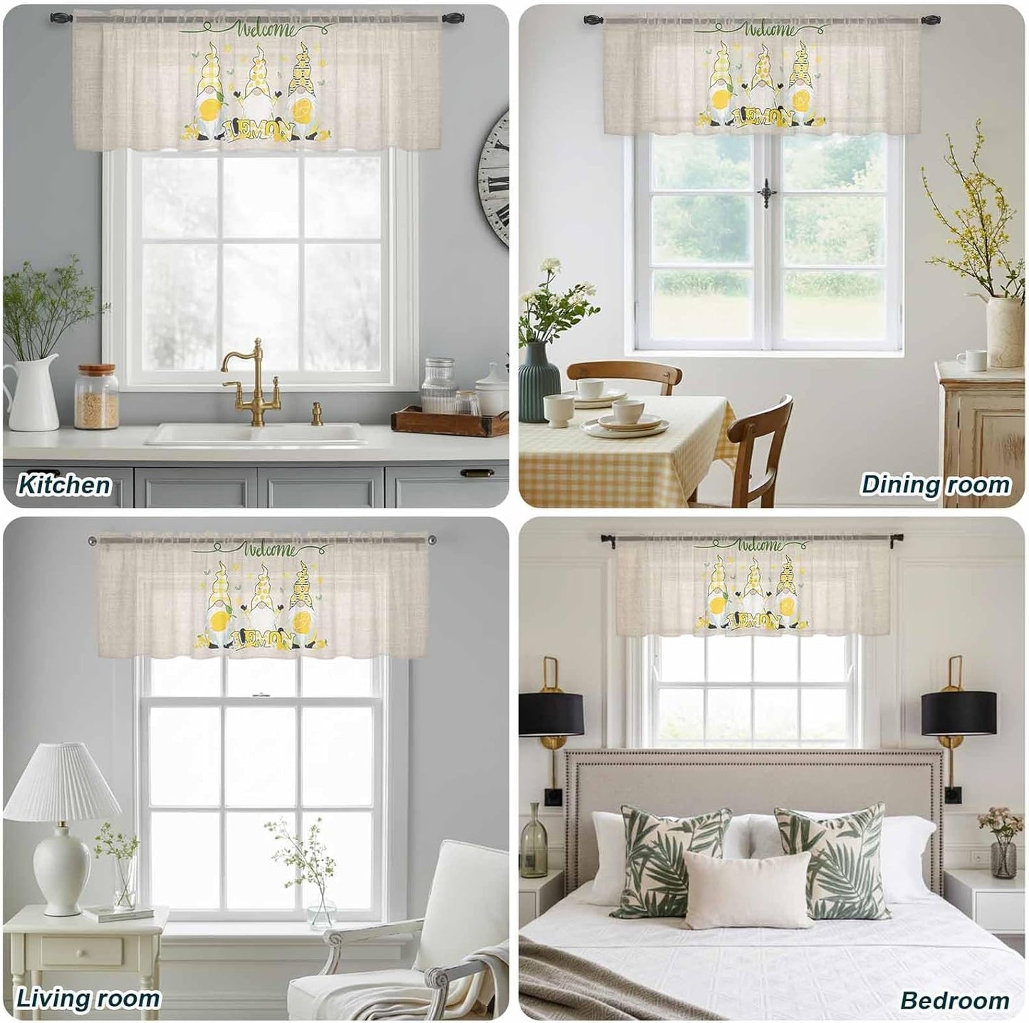 Sheer Valances for Windows Fruit Lemon Gnome Window Valances Rod Pocket Farmhouse Plant Floral Window Treatment Sheer Curtains for Kitchen Living Room Bedroom Bathroom 54x18in