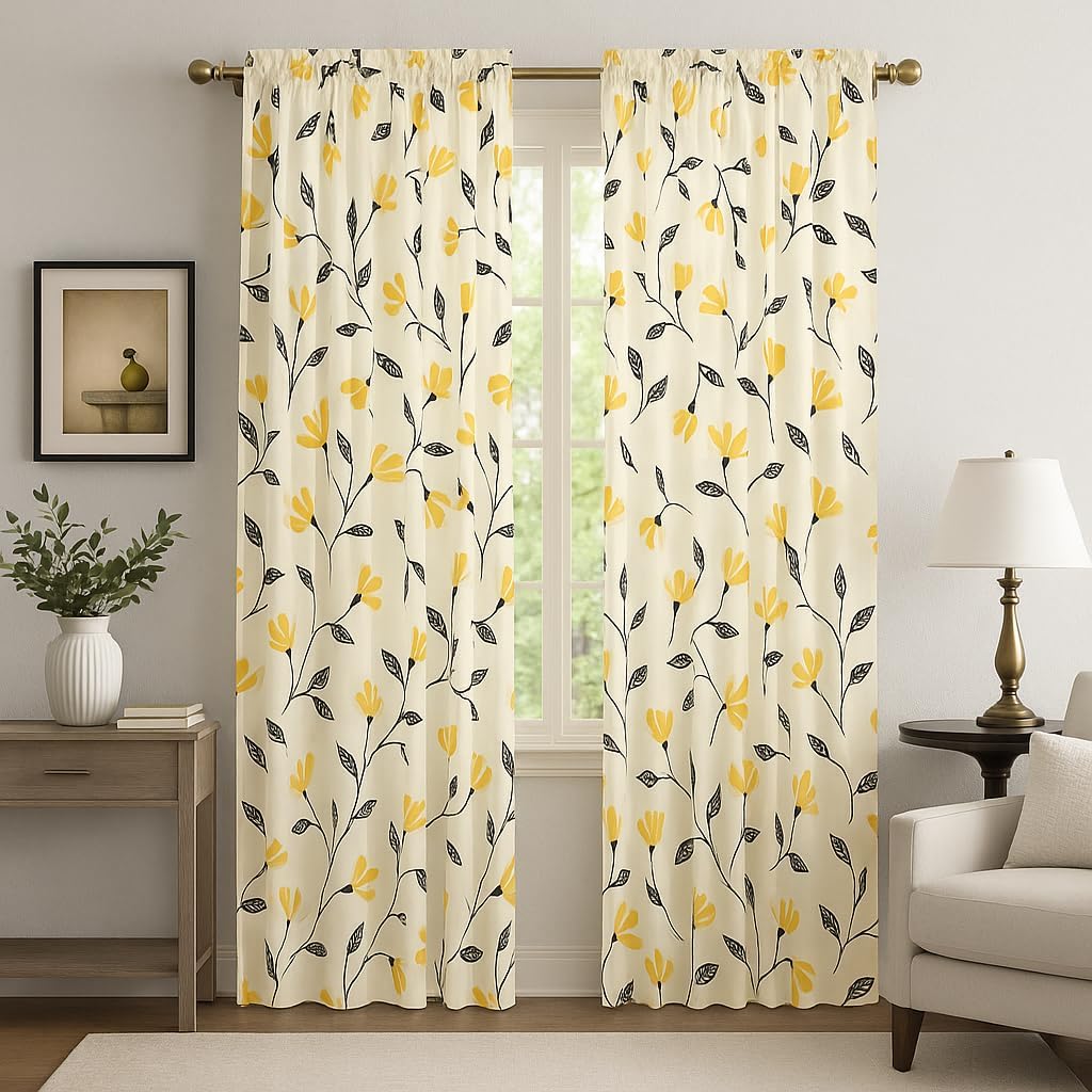 DaDa Bedding Botanical Floral Window Curtain Panels - Natural Semi Sheer Yellow Fleur Golden Orange Spring Time Tulips Straight Tailored Edge - 54 x 84