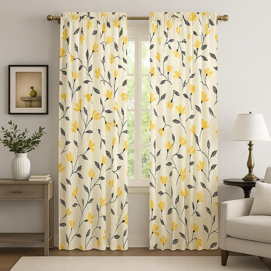 DaDa Bedding Botanical Floral Window Curtain Panels - Natural Semi Sheer Yellow Fleur Golden Orange Spring Time Tulips Straight Tailored Edge - 54 x 84