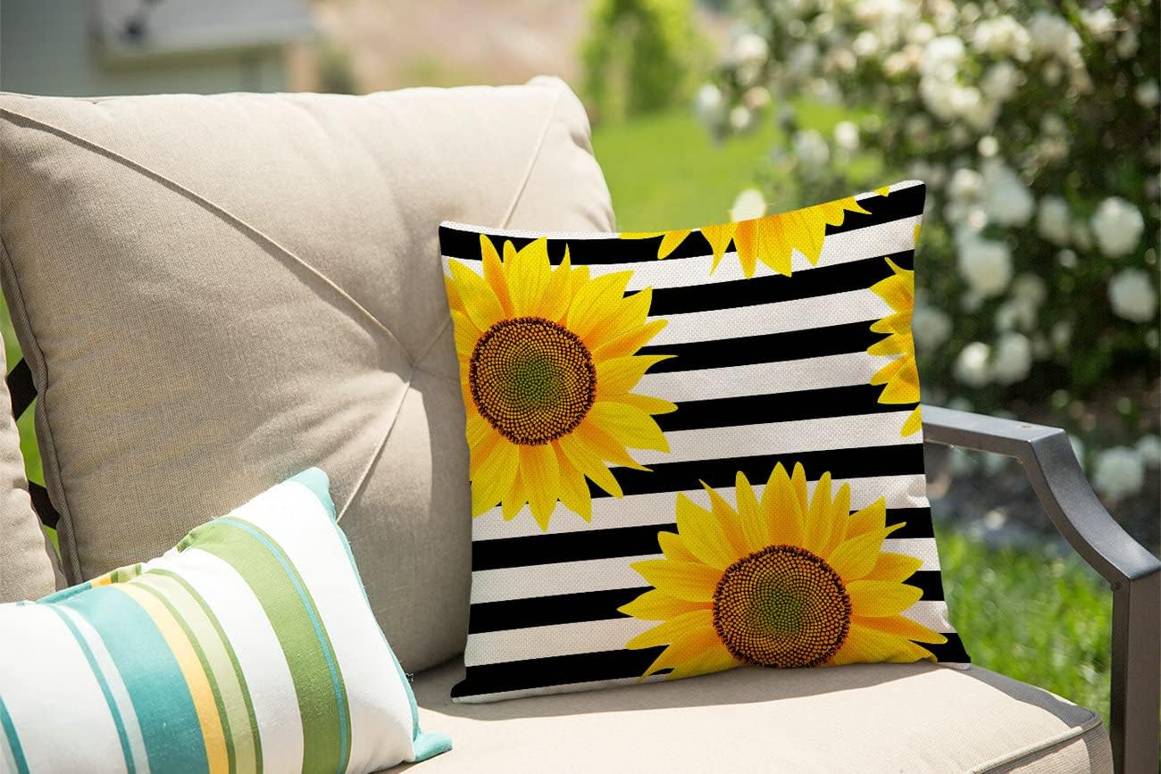 Solekla Black and White Striped Sunflower Creative Yellow Decorative Throw Pillow Cover Cotton Linen Throw Pillow Case Cushion Cover Home Décor Sofa Decorative Pillow 18 X 18 Inch