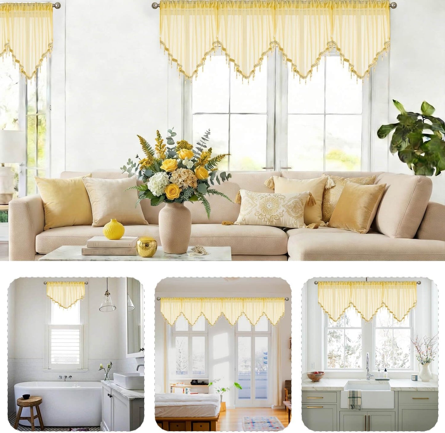 WUBODTI Yellow Sheer Valance Curtains for Living Room Windows, Boho Crystal Beaded Tassel Triangle Kitchen Curtains Lace Swag Curtain Valance for Bedroom Bathroom Door Decor,1PC, W51 x L24