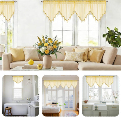 WUBODTI Yellow Sheer Valance Curtains for Living Room Windows, Boho Crystal Beaded Tassel Triangle Kitchen Curtains Lace Swag Curtain Valance for Bedroom Bathroom Door Decor,3PCs, Each W51 x L24