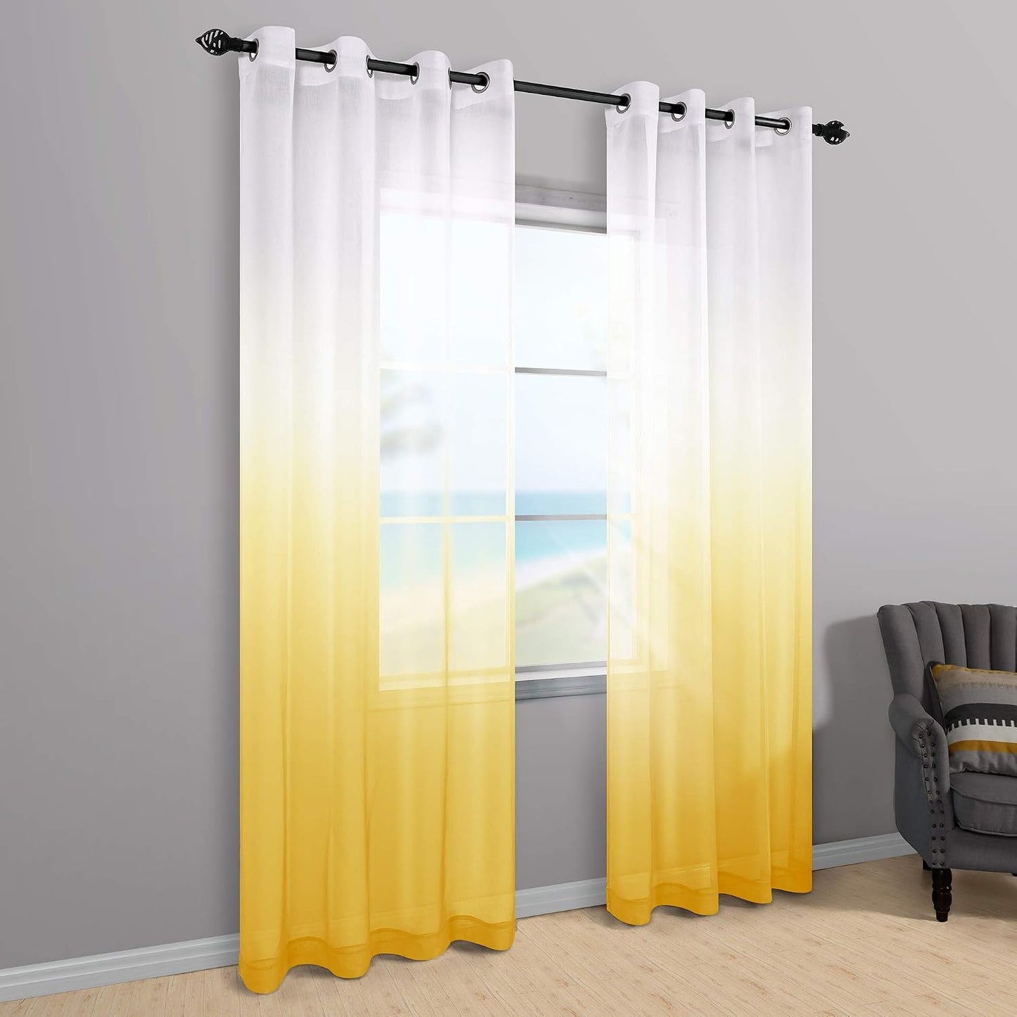 KOUFALL Yellow Curtains 84 Inch Length 2 Panels for Living Room Decor Grommet Window Ombre Sheer Yellow Spring Curtains for Bedroom Dining Room 52x84 Inches Long