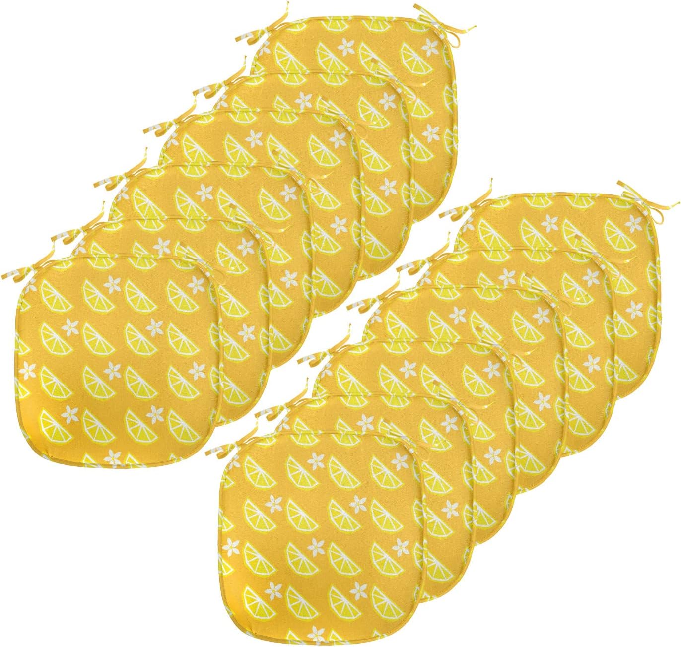 Lunarable Summer Chair Seating Cushion Set of 12, Vibrant Layout of Polygonal Sliced Lemon Flowers, Anti-Slip Seat Padding for Kitchen & Patio, 16"x16", Yellow Earth Yellow