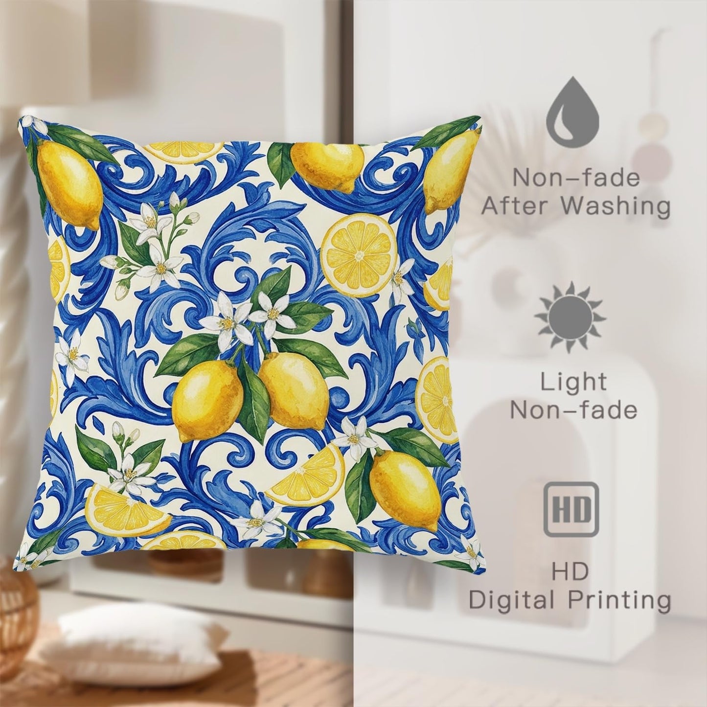 Lemon Throw Pillow Covers Set of 4, Mediterranean Traditional Floral Blue Swirls Summer Yellow Soft Velvet Washable Cushion Covers Pillow for Living Room Bedroom Loft Office Car Decor 16x16 Inch