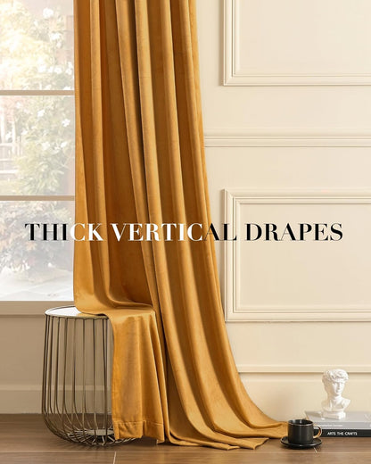 Nemia Mustard Yellow Velvet Curtains Thermal Insulated Blackout Curtain for Bedroom Window Living Room Darkening Luxury Vintage 96 Inches Long Heavy Drapes Panels Rod Pocket Set of 2