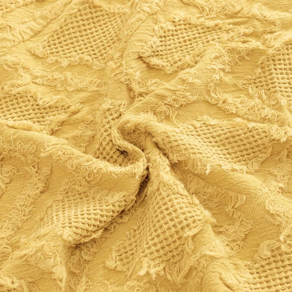 Simple&Opulence 100% Cotton Throw Blanket for Bed, Couch, Boho Textured Geometric Knit Woven Blanket with Tassels Soft, Lightweight Breathable Shabby Chic Farmhouse Decoration for All-Season(Yellow)