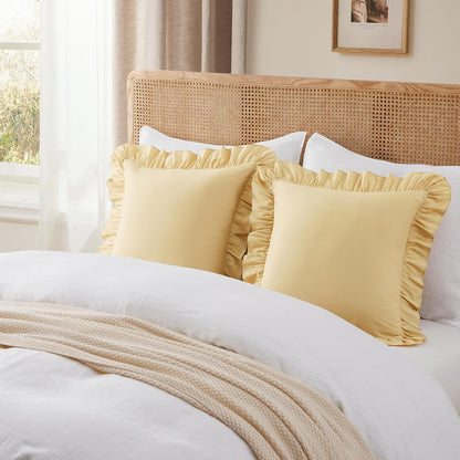 2 Pack Ruffle Throw Pillow Covers 18x18 Inches, Yellow Square Pillow Cases Microfiber Decorative Pillow Shams for Sofa Couch Bedroom Living Room