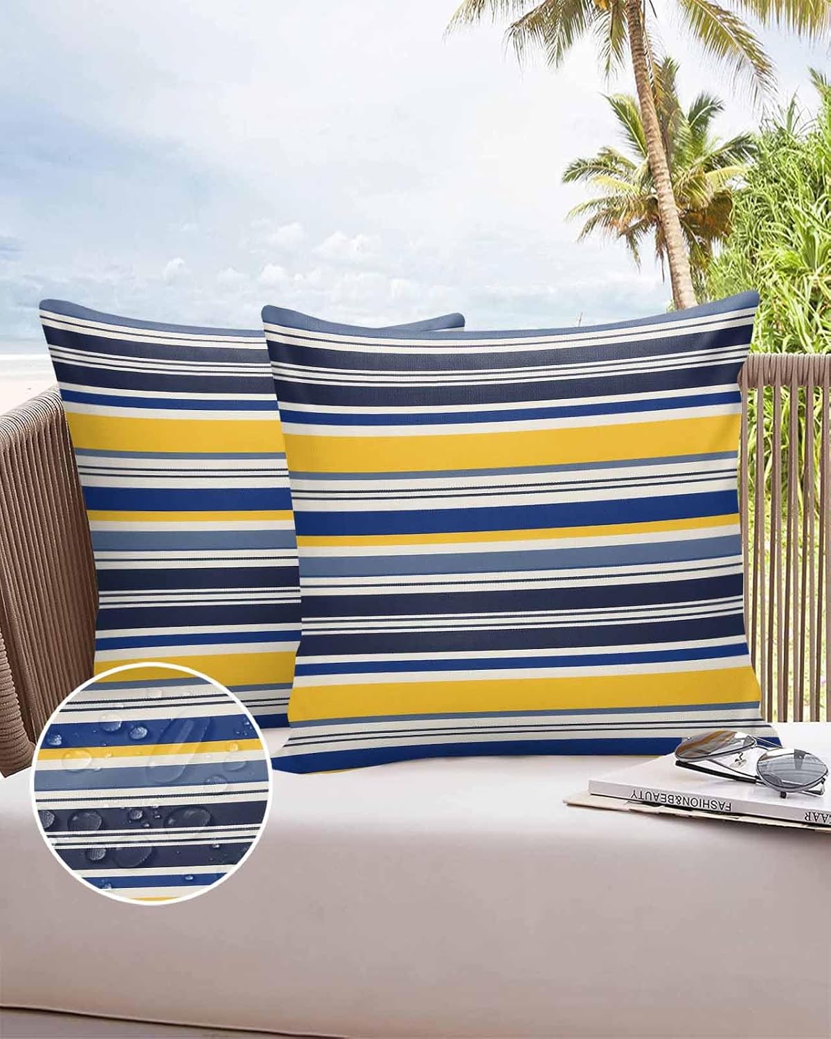 Outdoor Waterproof Throw Pillow Covers Set of 2 Yellow Stripes Lines Pillowcases 18x18 Inches Navy Blue Classic Striped Decorative Pillows Cushion Case Patio Pillows for Couch Bed Chair Garden
