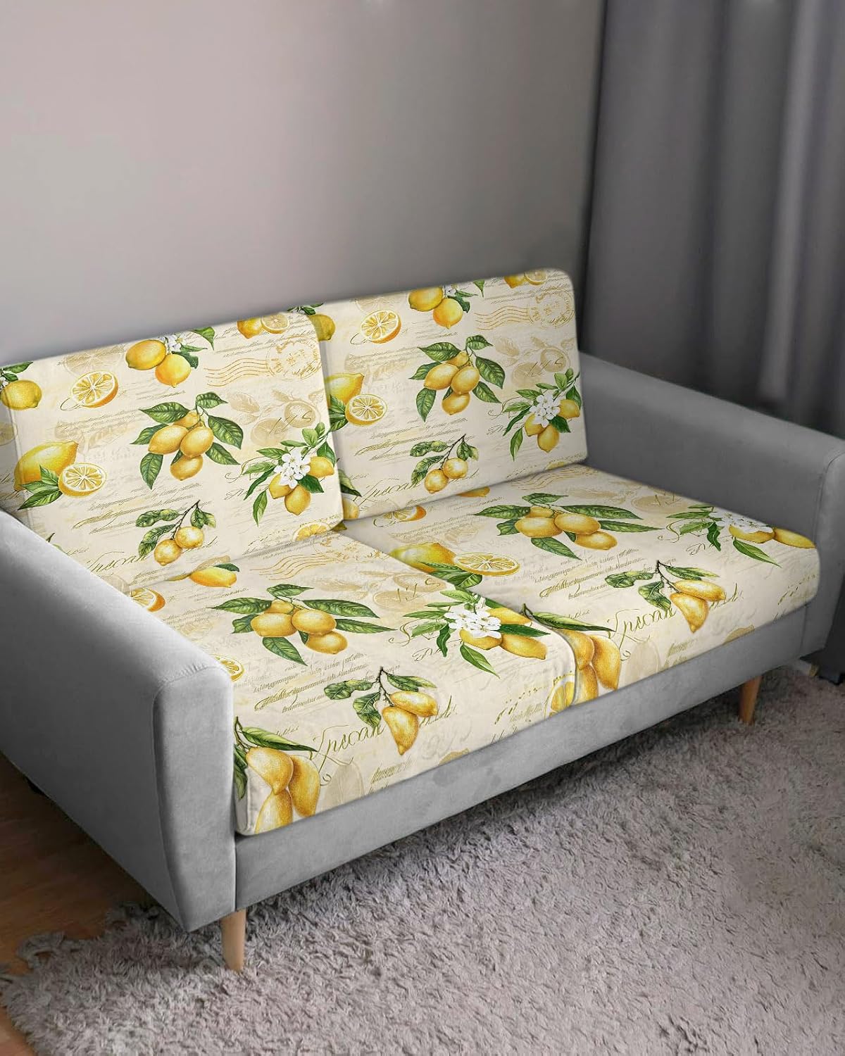 Yellow Lemons Stretch Couch Sofa Cushion Covers,Summer Botanical Fruit Leaves Country Sectional/Individual/L/T Shape Sofa Couch Slipcover Armchair Slip Cover Protector with Elastic Bottom,M,1-PC