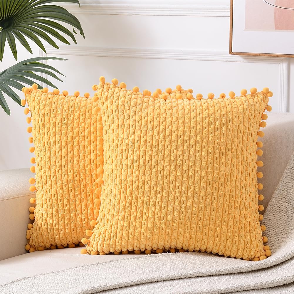 Fancy Homi Set of 2 Yellow Decorative Throw Pillow Covers 20x20 Inch with Pom-poms for Couch Bed Sofa, Modern Farmhouse Boho Spring Home Decor, Soft Plush Corduroy Cute Cushion Case 50x50 cm