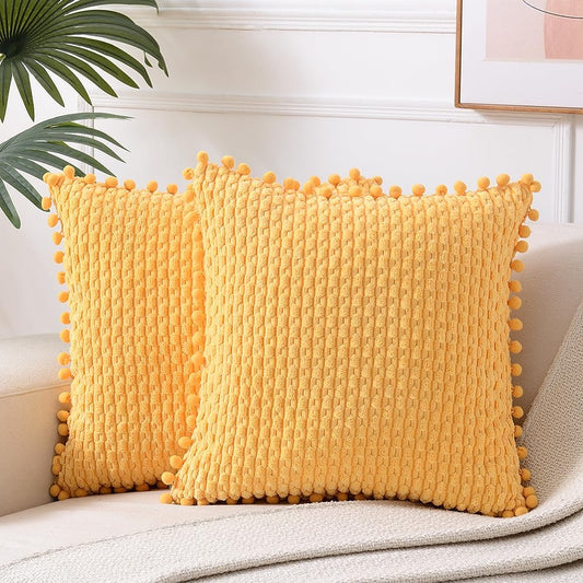 Fancy Homi Set of 2 Yellow Decorative Throw Pillow Covers 20x20 Inch with Pom-poms for Couch Bed Sofa, Modern Farmhouse Boho Spring Home Decor, Soft Plush Corduroy Cute Cushion Case 50x50 cm