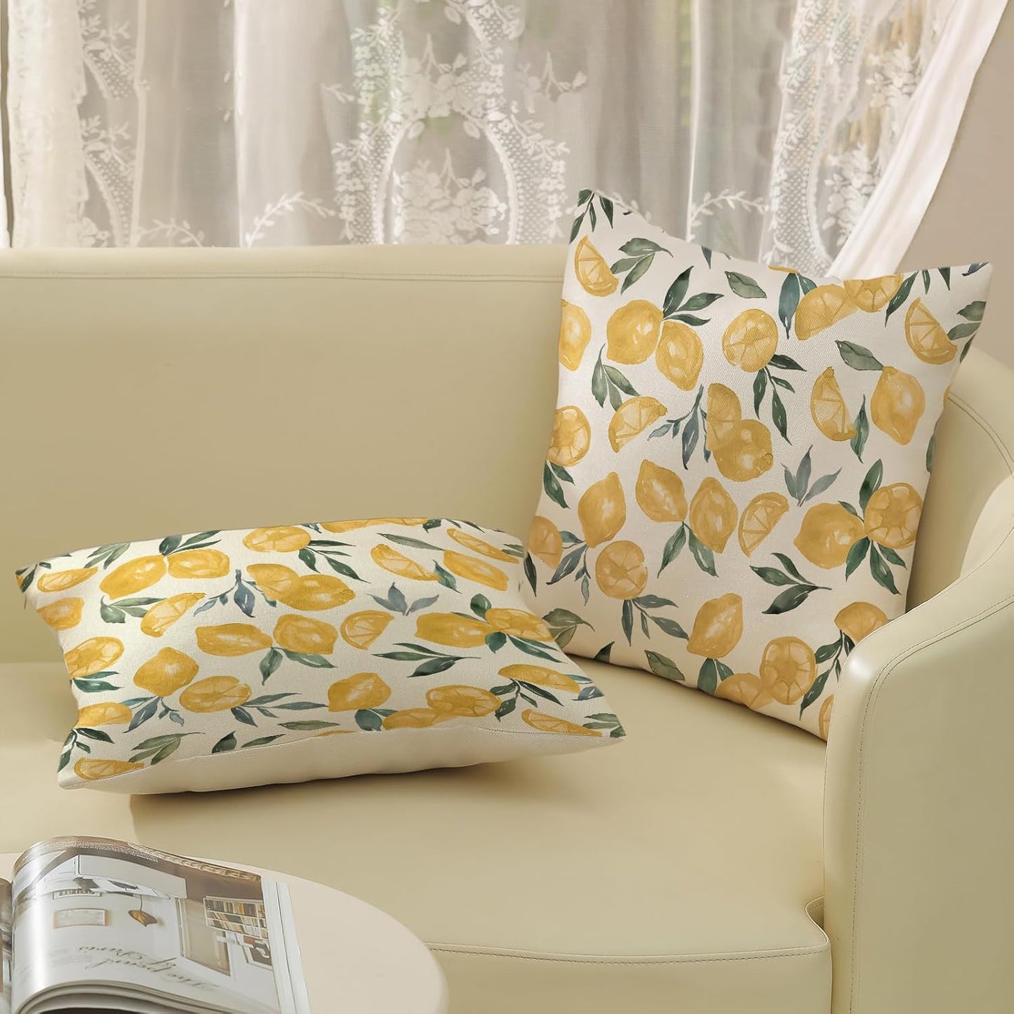 Summer Pillow Covers 18x18 Inch Set of 2 Yellow Lemon Pillow Covers Summer Outdoor Decorative Pillow Cases Linen Farmhouse Yellow Cushion Covers Decor for Couch Living Room Bedroom Sofa