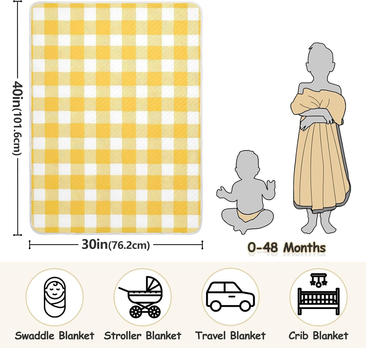 Yellow Gingham Cotton Baby Blanket 30" x 40" Warm Soft Breathable Muslin Swaddle Blankets for Toddler Boys Girls Nursery Receiving Wraps
