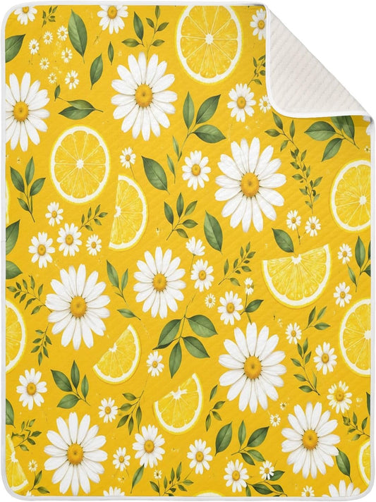 Yellow Lemon Daisy Print Baby Blanket 30"x40", Soft Cotton Toddler Blankets for Girls Boys with Warm Middle Layer, Lightweight Receiving Blanket for Newborn Crib Stroller