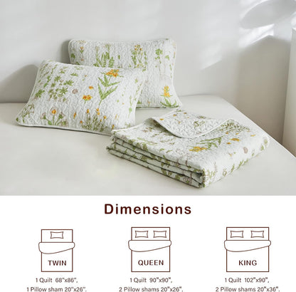 Joyreap 3 Pieces Reversible Quilt Set, Smooth Soft Microfiber Quilt, Yellow Flowers Green Leaves Botanical Design, Bedspread Bed Cover for All Season, 1 Quilt n 2 Pillow Shams (King, 102x90 inches)