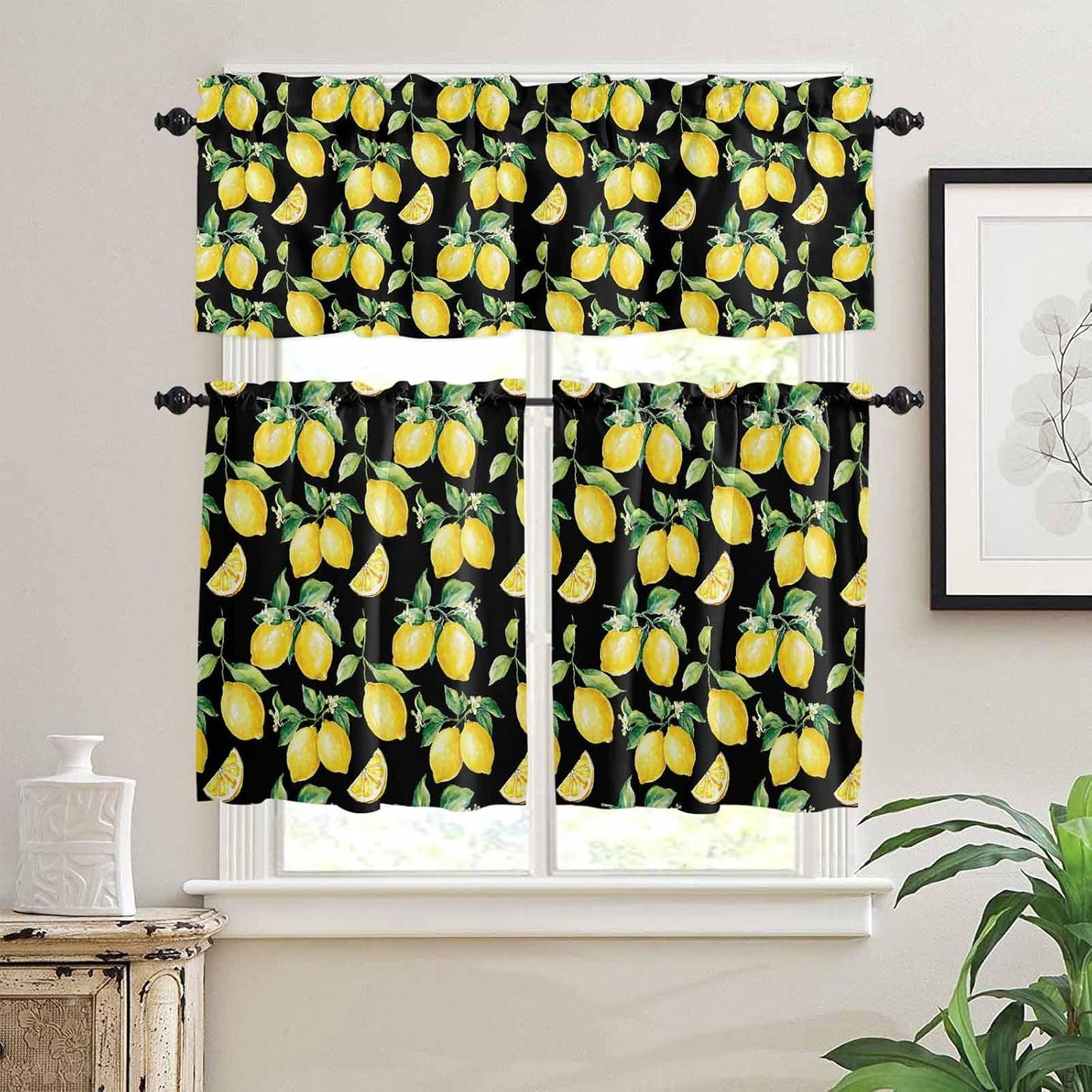 Semi Sheer Kitchen Curtains and Valances Set Summer Yellow Lemon Watercolor Style Black Valance and Tier Curtains 3 Piece, Rod Pocket Window Valances Short Drapes for Bedroom Living Room