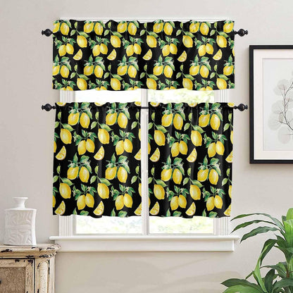 Semi Sheer Kitchen Curtains and Valances Set Summer Yellow Lemon Watercolor Style Black Valance and Tier Curtains 3 Piece, Rod Pocket Window Valances Short Drapes for Bedroom Living Room