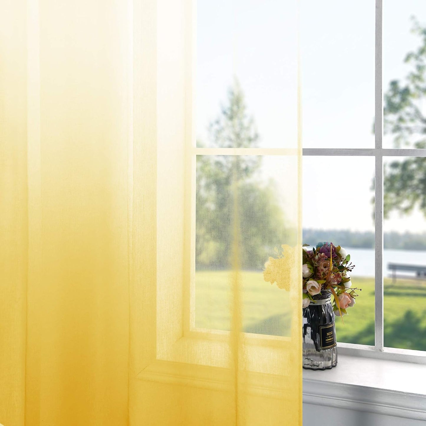 KOUFALL Spring Yellow Sheer Curtains 84 Inches Long, Bright Yellow and White Summer Curtains for Living Room, 2 Panel Set, Lemon Yellow