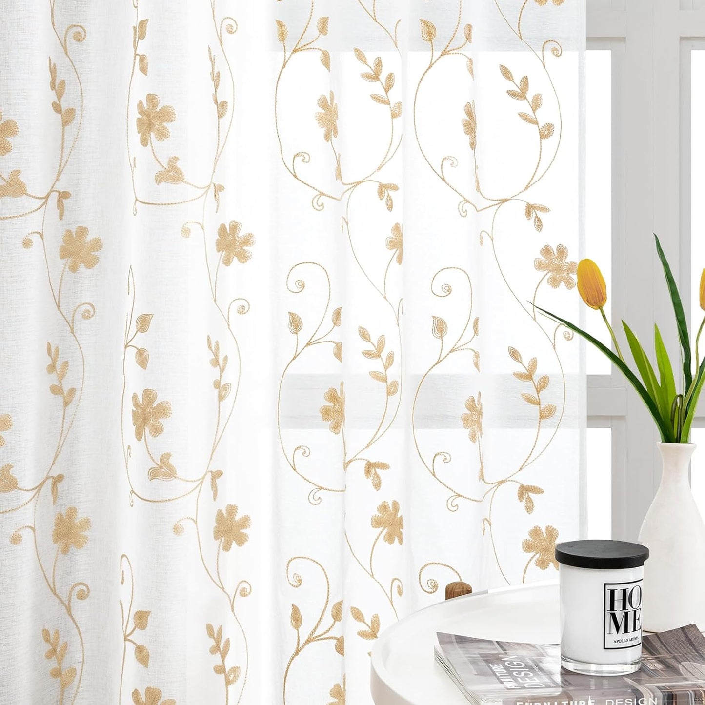 HOMEIDEAS Yellow Sheer Curtains 84 Inches Long 2 Panels Yellow and White Embroidered Floral Pattern Semi Sheer Window Curtains for Bedroom Living Room