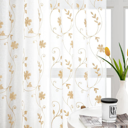HOMEIDEAS Yellow Sheer Curtains 84 Inches Long 2 Panels Yellow and White Embroidered Floral Pattern Semi Sheer Window Curtains for Bedroom Living Room