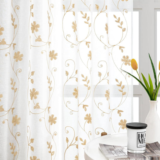 HOMEIDEAS Yellow Sheer Curtains 84 Inches Long 2 Panels Yellow and White Embroidered Floral Pattern Semi Sheer Window Curtains for Bedroom Living Room