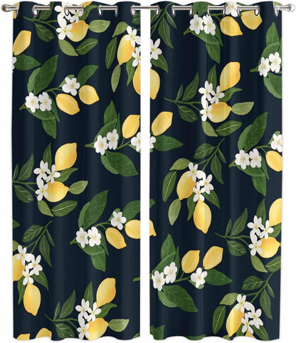 Lemons Yellow Summer Lemon Black Curtains for Bedroom and Living Room, Window Curtains Light Filtering Semi Sheer Window Drapes with Grommet (2 Panels, Each 52" W x 96" L)