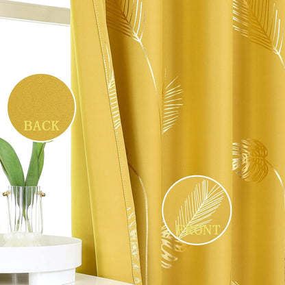 Estelar Textiler Yellow Blackout Curtains for Bedroom, Room Darkening Gold Palm Tree Pattern Curtains 84 Inches Long, Light Blocking Thermal Insulated Window Drapes for Living Room, 52Wx84L, 2 Panels
