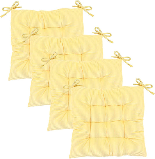 4Pack Chair Cushions for Dining Chairs 15.7"X15.7" Corduroy Chair Pads with Ties Indoor Non-Slip Square Seat Cushion for Kitchen Office Chairs Computer Desk Seat Pad, Light Yellow