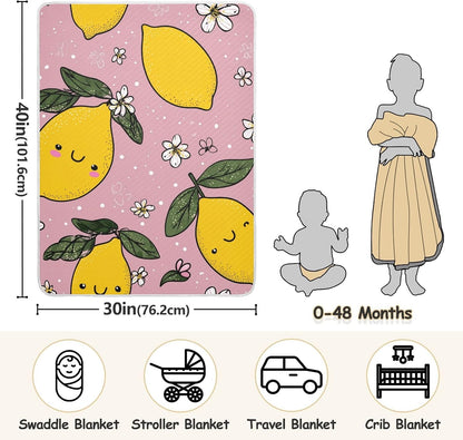 Yellow Lemons and Leaves Baby Blanket Quilt - Soft Lightweight Cotton Baby Blankets for Boys & Girls, 30x40in