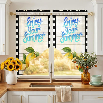 Yellow Lemon Swag Curtains 36 Inch Length 2 Panels Set,Summer Fruits Modern Minimalist Wooden Grain Semi-Sheer Curtain Drapes Rod Pocket Valance For Kitchen,Living Room,Bedroom,Cafe Window 56"Wx36"L