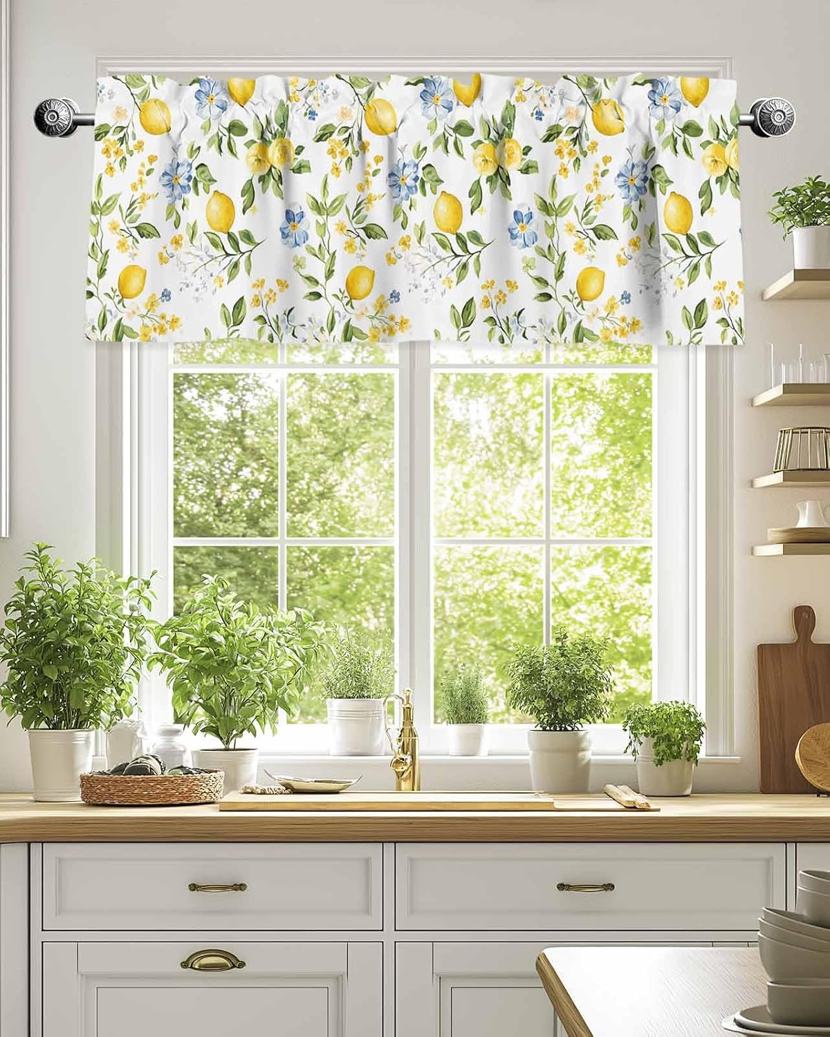 Lemon Valances for Windows/Bedroom/Living Room/Kitchen/Cafe, Blue Yellow Flower Lemon Summer Semi Sheer Small Curtain Valance Rod Pocket Light Filtering Window Treatment, 60" x 18"