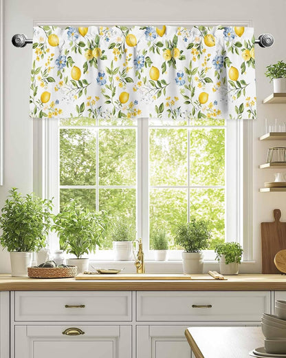 Lemon Valances for Windows/Bedroom/Living Room/Kitchen/Cafe, Blue Yellow Flower Lemon Summer Semi Sheer Small Curtain Valance Rod Pocket Light Filtering Window Treatment, 60" x 18"