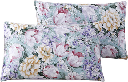 WINLIFE 100% Cotton Pillowcases Garden Floral Printed Pillow Cases Set of 2 Aqua Yellow Lavender Purple Flowers Print Pillow Cover (Standard 20 x 26'', Purple Fowers)