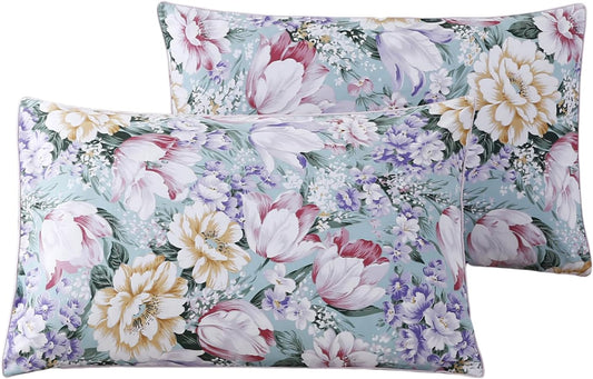 WINLIFE 100% Cotton Pillowcases Garden Floral Printed Pillow Cases Set of 2 Aqua Yellow Lavender Purple Flowers Print Pillow Cover (Standard 20 x 26'', Purple Fowers)