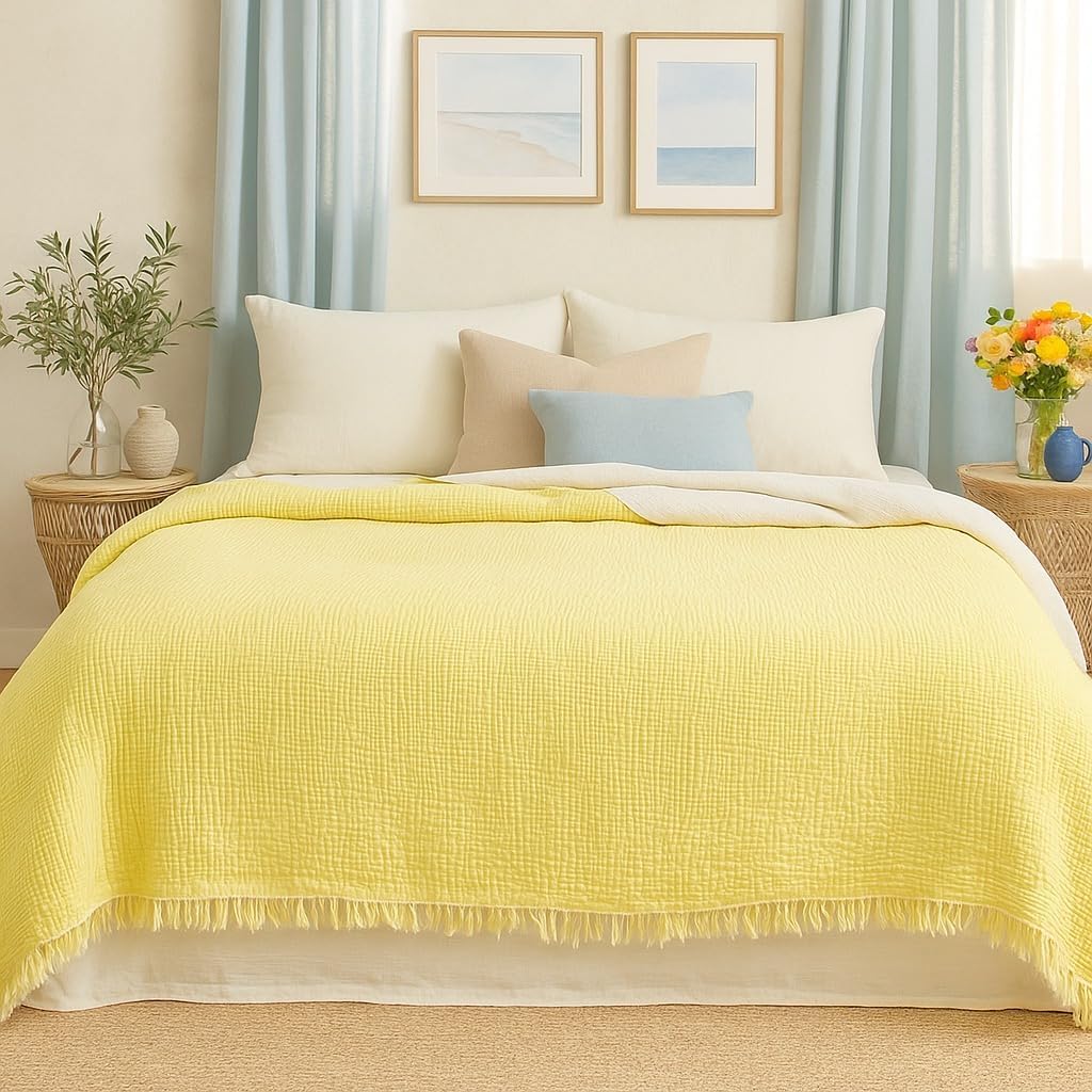100% Cotton 4-Layer Muslin Blanket Anthracite – Soft Breathable Bedspread Coverlet Throw, Lightweight Gauze Pike Style, Pre-Washed, All Season Use for Bed Sofa (Lemon Yellow, 95x108 inc)