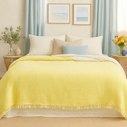 100% Cotton 4-Layer Muslin Blanket Anthracite – Soft Breathable Bedspread Coverlet Throw, Lightweight Gauze Pike Style, Pre-Washed, All Season Use for Bed Sofa (Lemon Yellow, 95x108 inc)