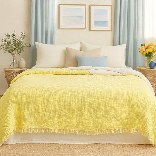100% Cotton 4-Layer Muslin Blanket Anthracite – Soft Breathable Bedspread Coverlet Throw, Lightweight Gauze Pike Style, Pre-Washed, All Season Use for Bed Sofa (Lemon Yellow, 95x108 inc)