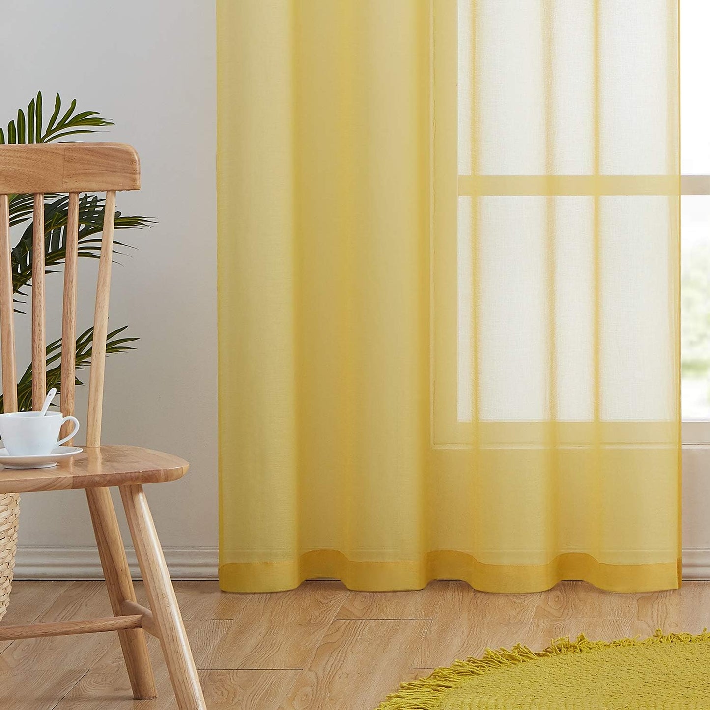 July Joy Semi Linen Look Sheer Curtains for Bedroom, Living Room Grommet Light Filtering Solid Voile Window Curtains, Set of 2 Panels (52 x 84 inch, Yellow)