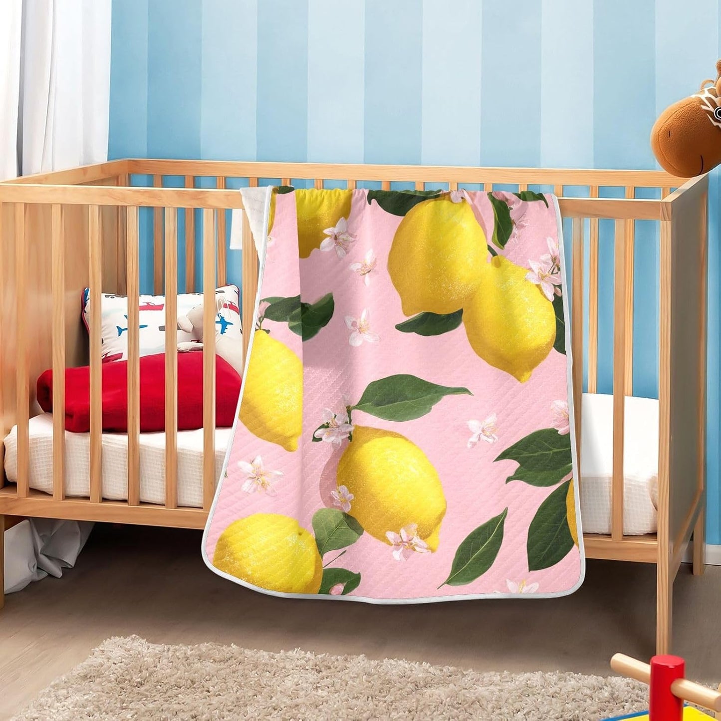 Yellow Lemon on Pink Baby Blanket Quilt - Soft Lightweight Cotton Baby Blankets for Boys & Girls, 30x40in